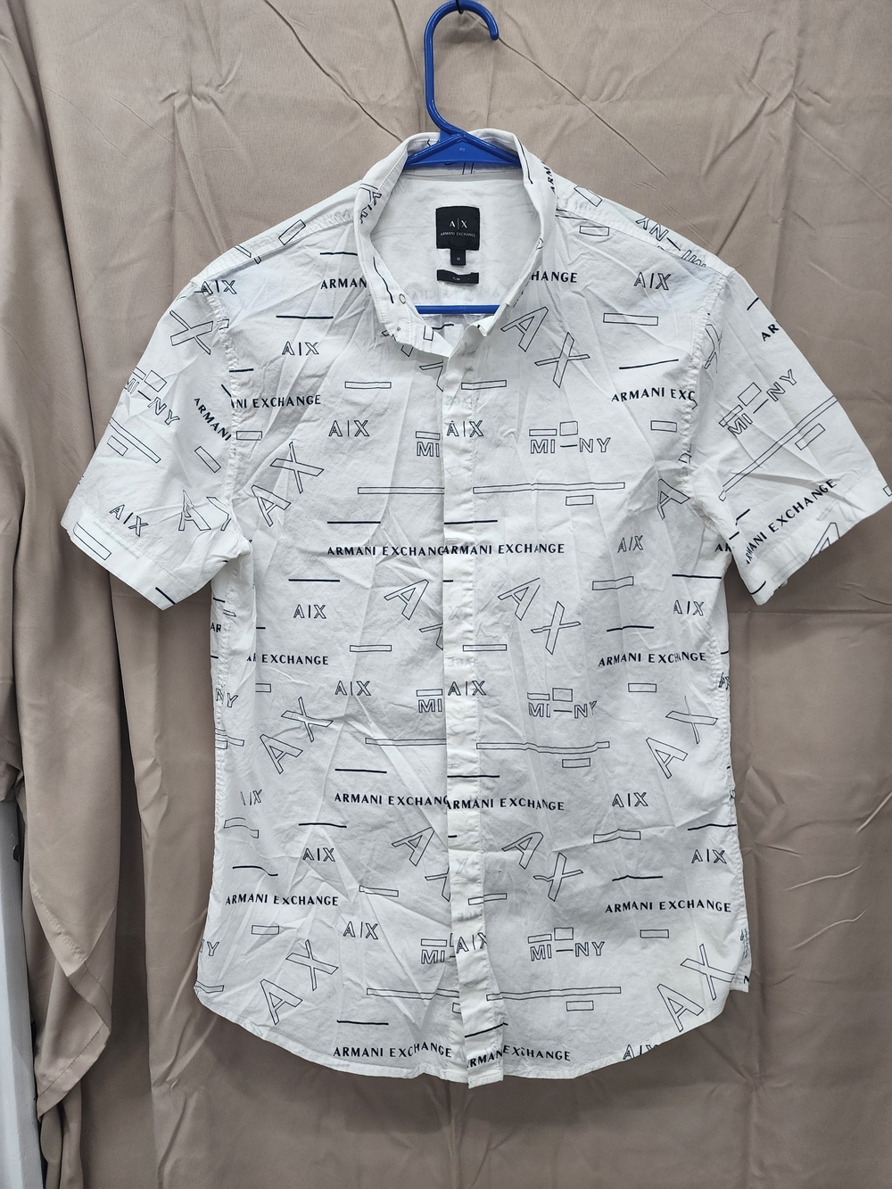 Armani Exchange Slim Fit White Short-Sleeve Button-Down with Logo Print